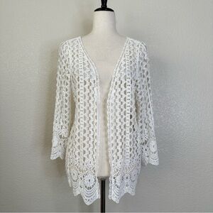 Do Everything In Love White Crochet Knit Open Front Cover up Cardigan, One Size
